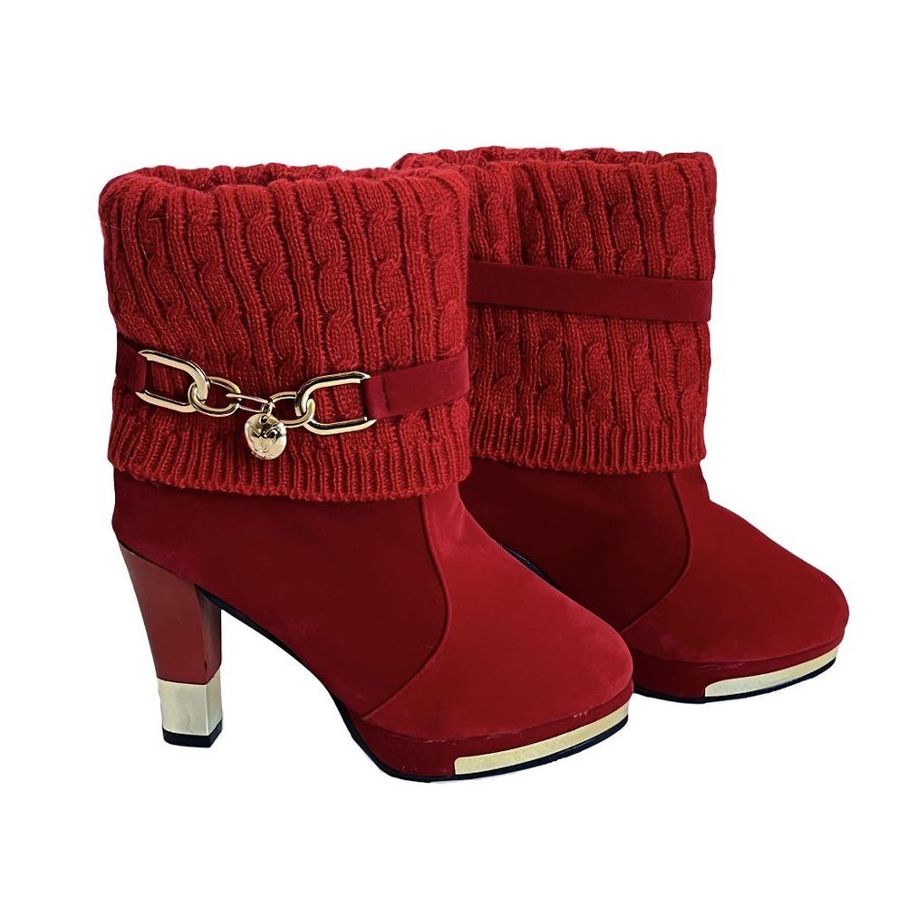 New BBLAN Red Suede Heeled Fashion Booties, Knit Fold-Over, Gold Accents US 7.5